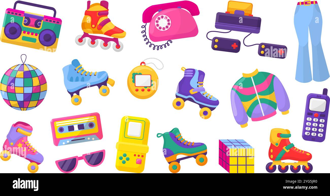 Retro 90s 80s icons. Vintage roller skates, game tools phone disco ball audio record system. Isolated hipster style stickers and badges, neoteric Stock Vector