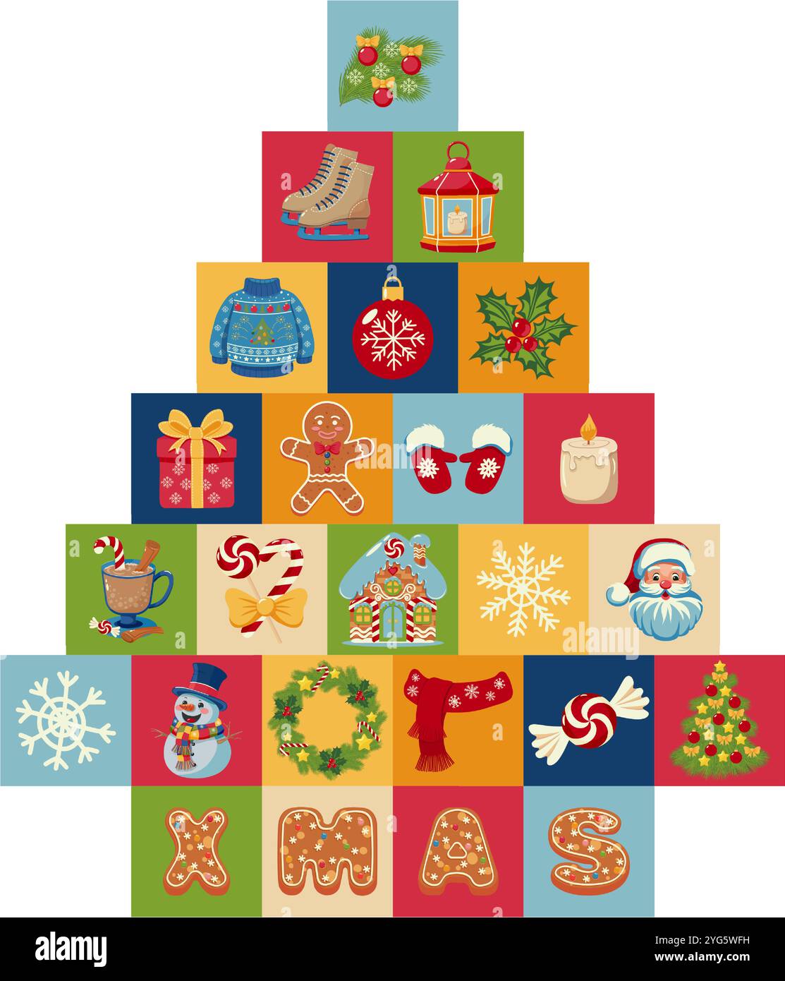 Festive advent calendar illustration with colorful Christmas icons in a New Year and Christmas tree shape, each square featuring holiday themed symbol Stock Vector