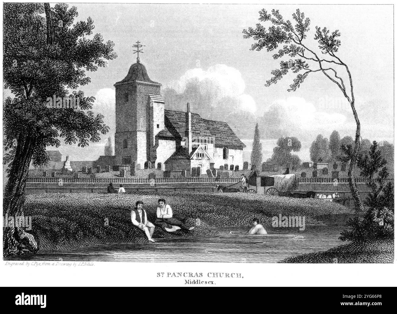 An engraving of St Pancras Church, Middlesex, England UK scanned at high resolution from a book published around 1815. Believed copyright free. Stock Photo