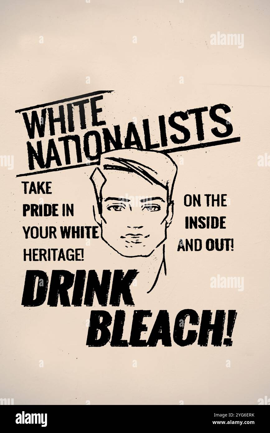 A poster or flyer glued to a wall in Alexandria, Virginia, mocks white nationalists. Stock Photo