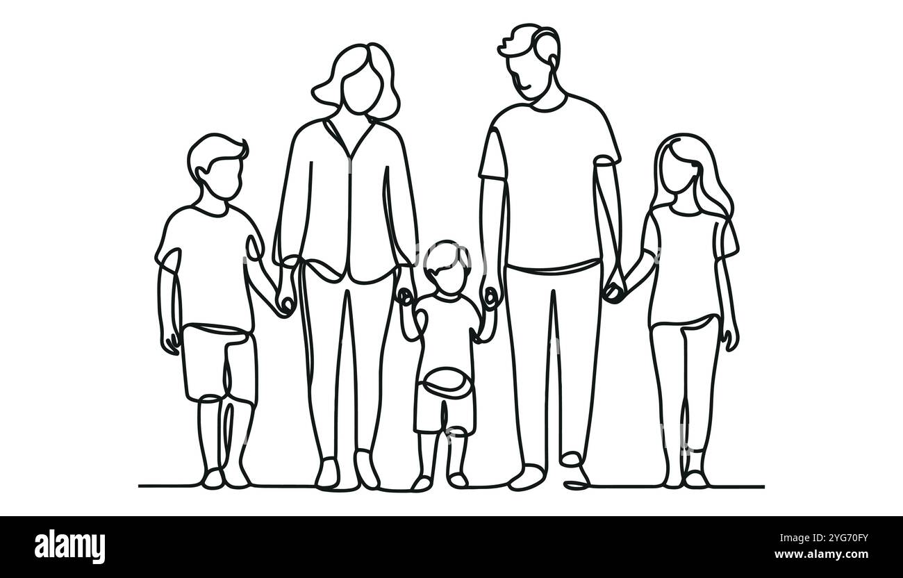 happy family holding hand one line single continuous line art Stock ...
