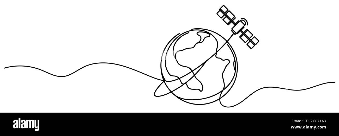 Earth Line Work One continuous line drawing of the earth with a satellite Stock Vector ...