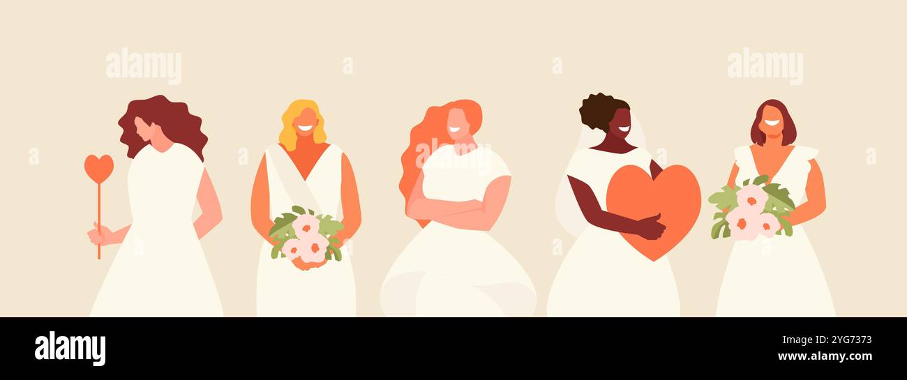 Fashion girls brides in wedding dresses vector collection Stock Vector ...