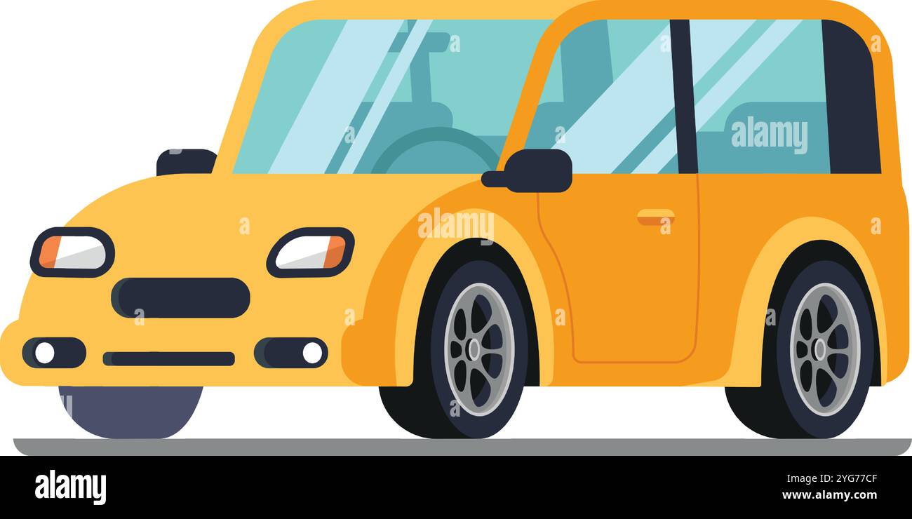 Compact, fuel efficient yellow car parked on a gray road, highlighting its modern, practical design perfect for urban driving and eco friendly Stock Vector