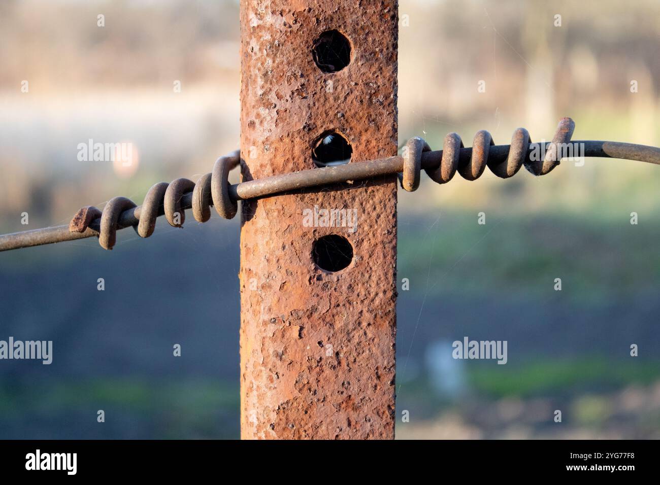 Rusty old metal fence isolated on blurred background close up Stock ...