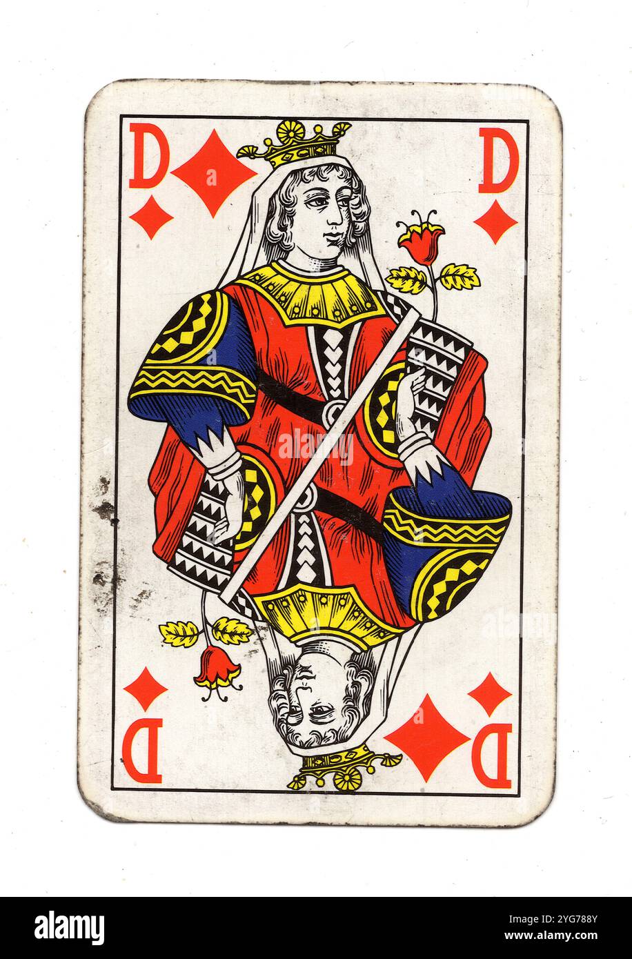 A vintage queen of diamonds playing card on a white background Stock ...