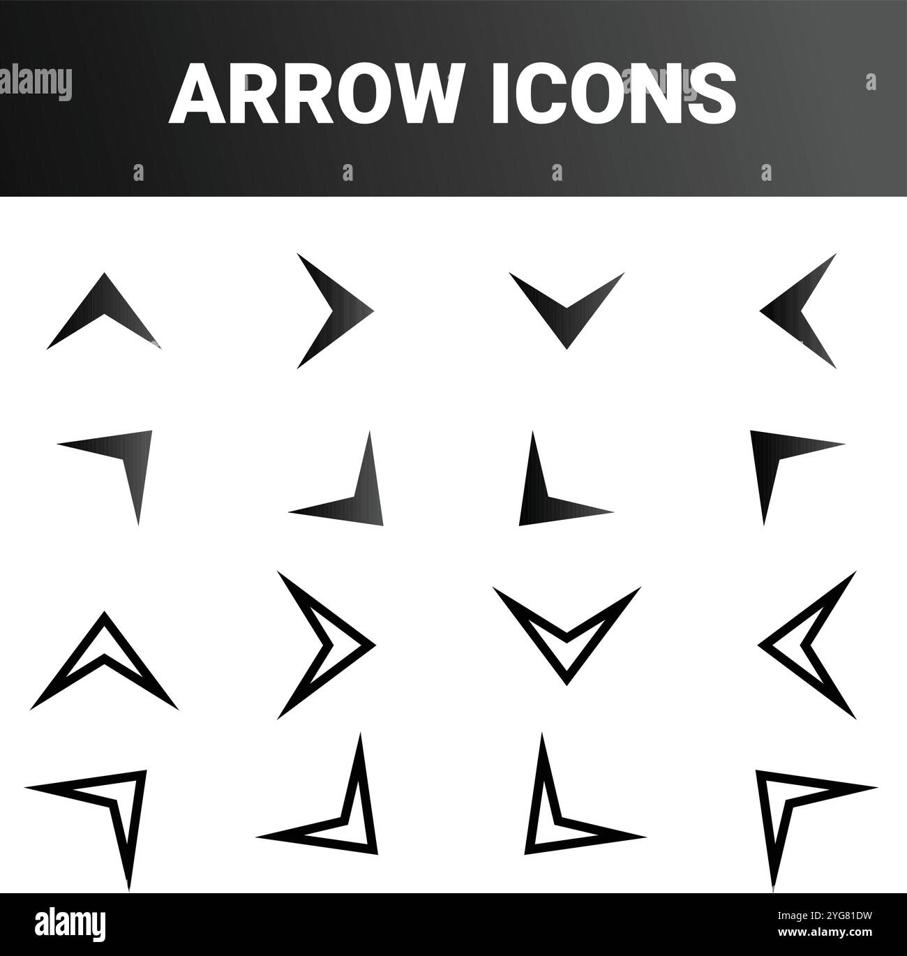 shows various arrow icons arranged in four rows and four columns. Each ...