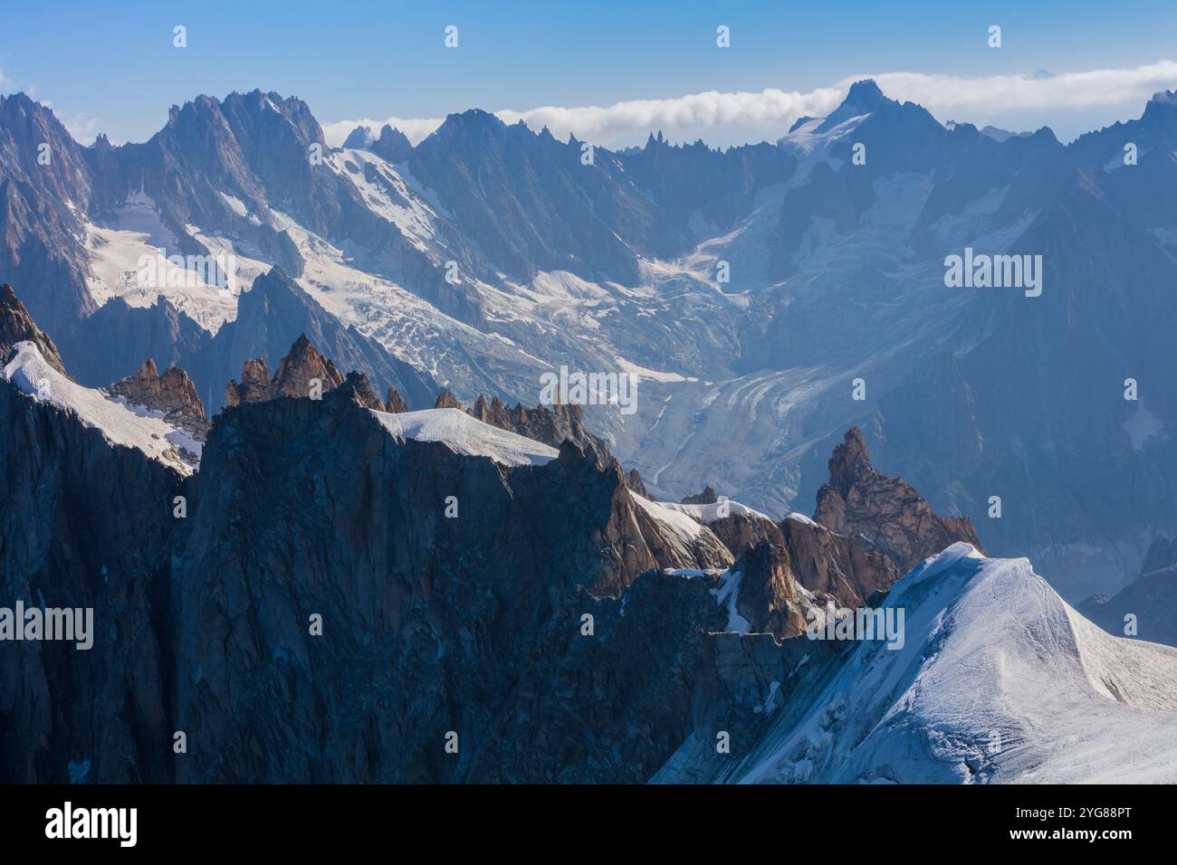 Mont Blanc mountain massif summer landscape. View from Aiguille du Midi ...