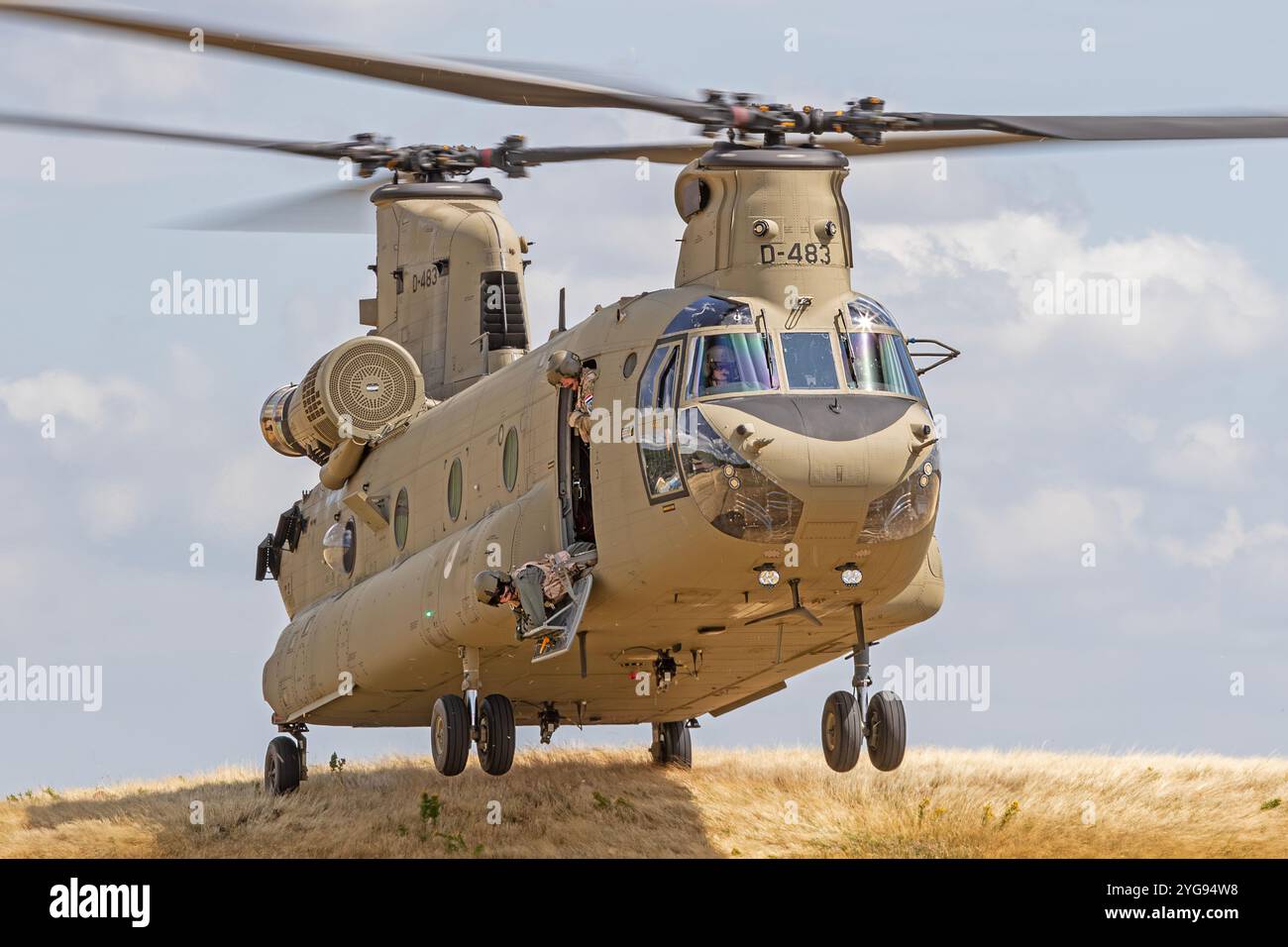 Royal Netherlands Air Force Boeing Chinook of 298 Sqn RNLAF, Slope Training at Vliegbasis Gilze-Rijen, Netherlands, Monday 10th July 2023 Stock Photo