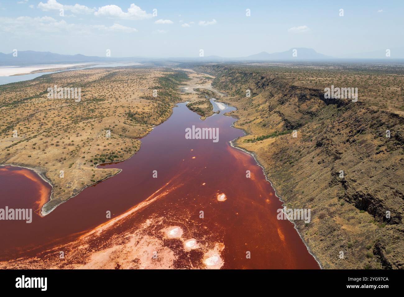 Africa, Kenya, Lake Magadi. Aerial view of lake with red water. Stock Photo