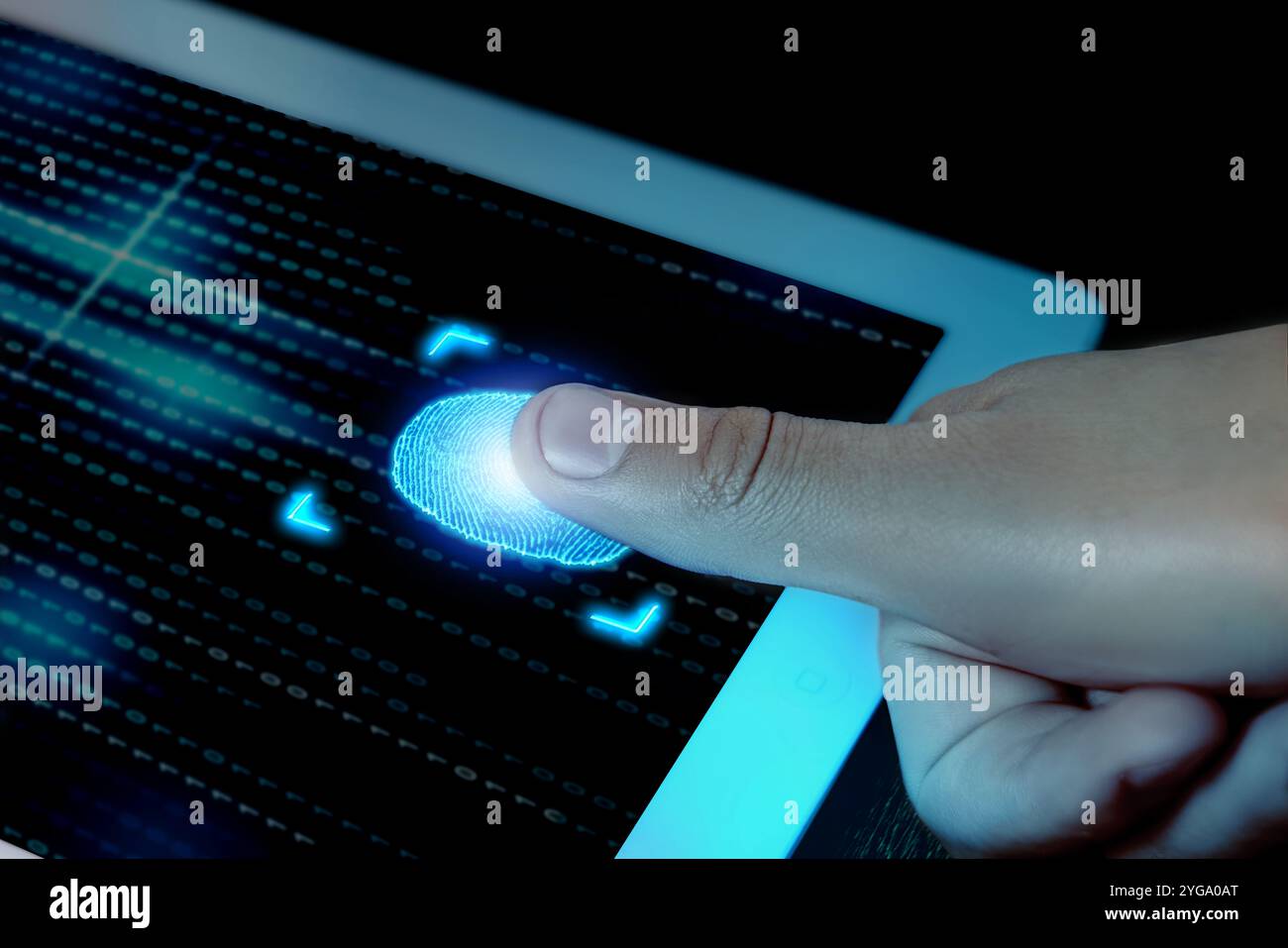 Man using fingerprint scanner in tablet by touching it, closeup Stock Photo