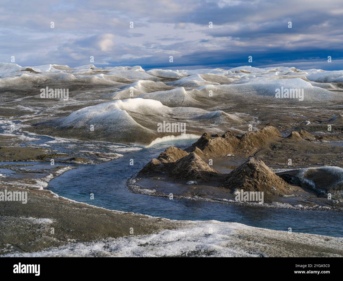 Drainage system on the surface of the ice sheet. Brown sediment on the ...