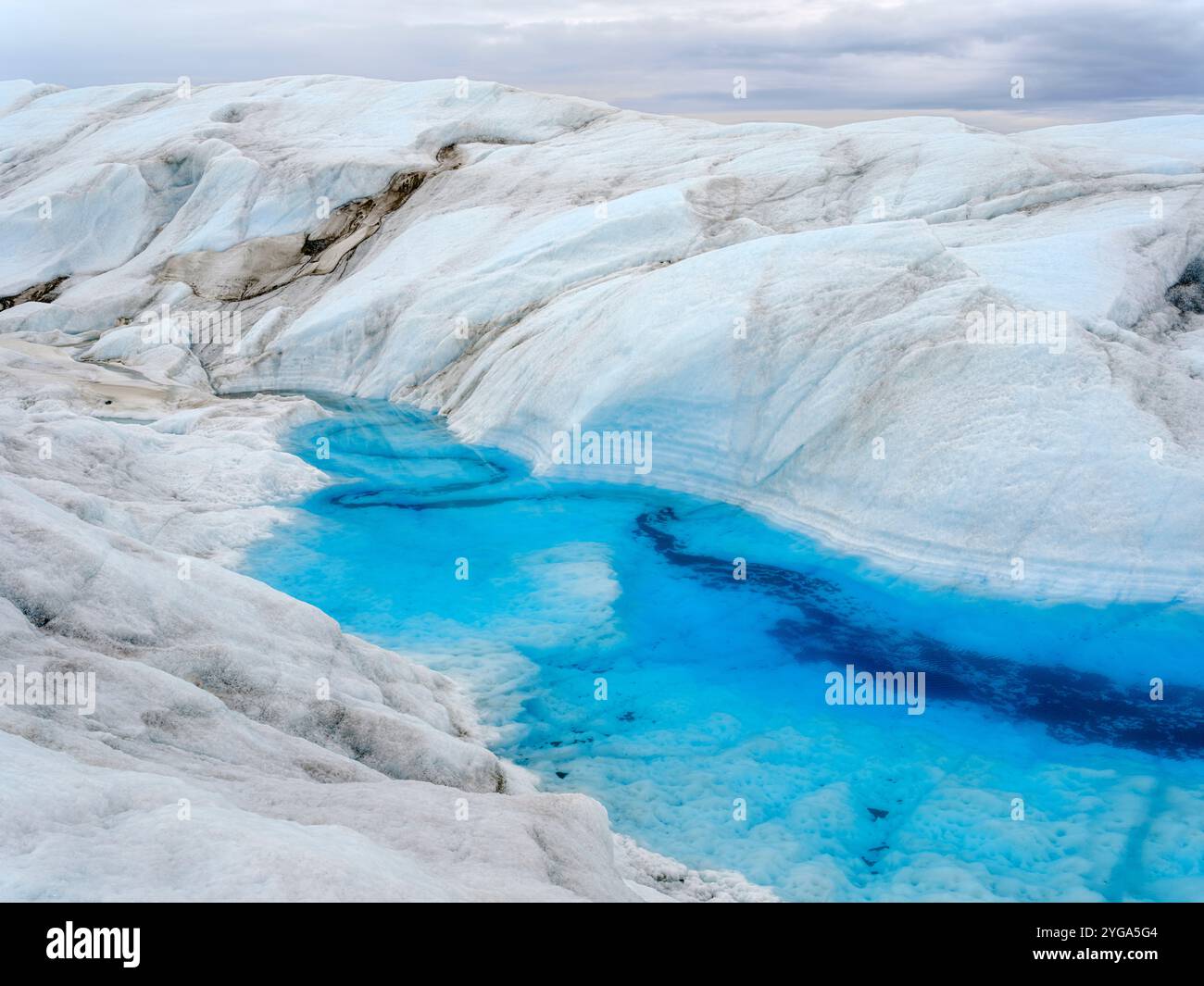 Drainage system on the surface of the ice sheet. Brown sediment on the ...