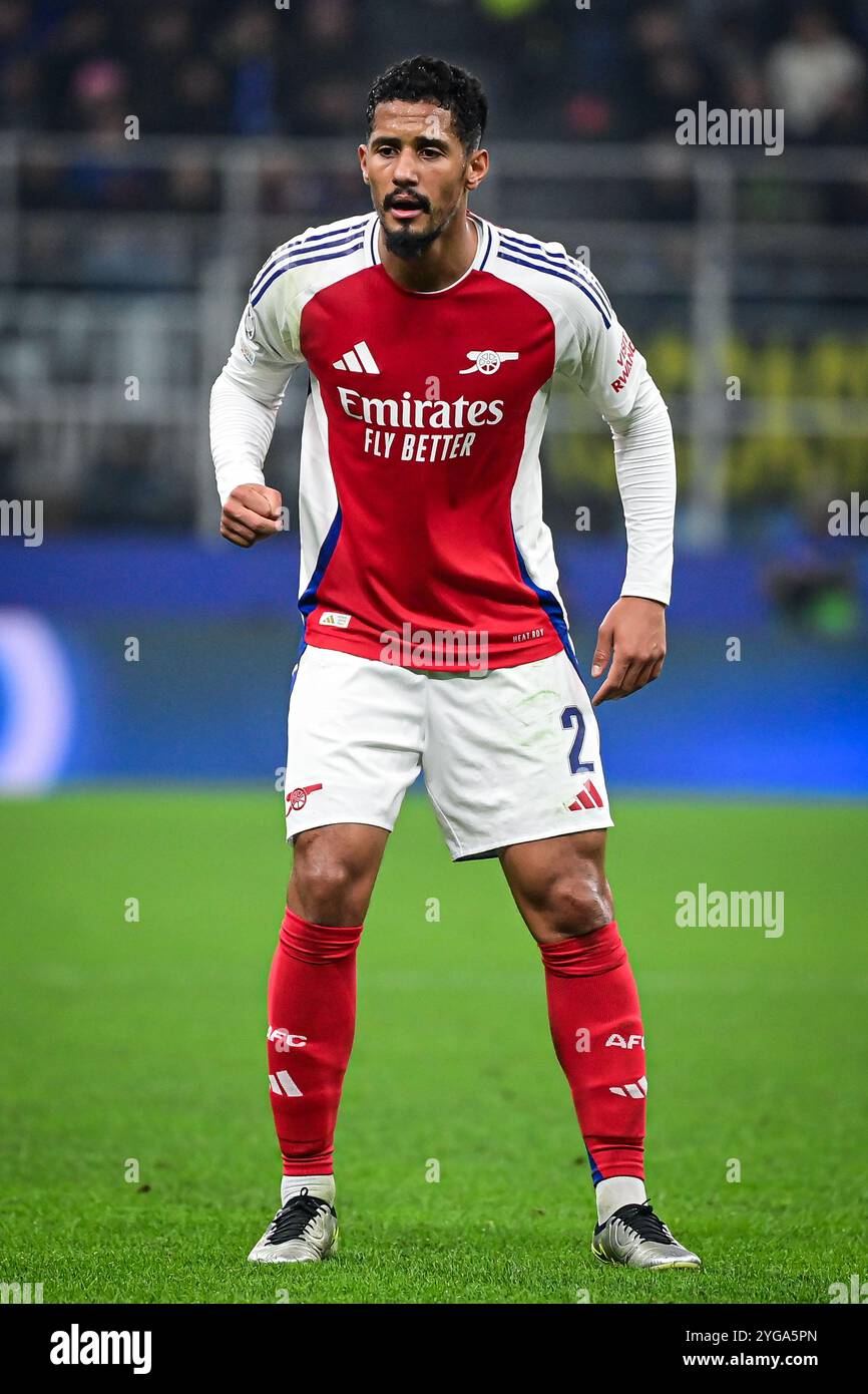 William Saliba of Arsenal FC looks on during the UEFA Champions League football match Inter Milan and Arsenal FC at San Siro Stadium in Milan, Italy on November 6, 2024 Credit: Piero Cruciatti/Alamy Live News Stock Photo