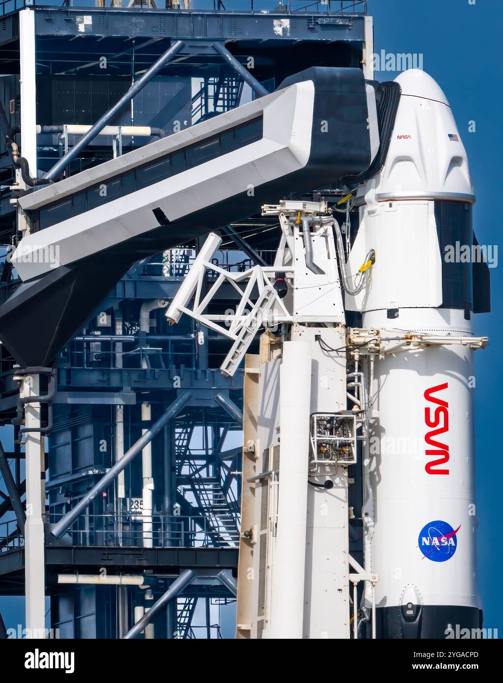 SpaceX Crew Dragon awaits astronauts prior to the launch of Crew 8 to the International Space Station. Stock Photo