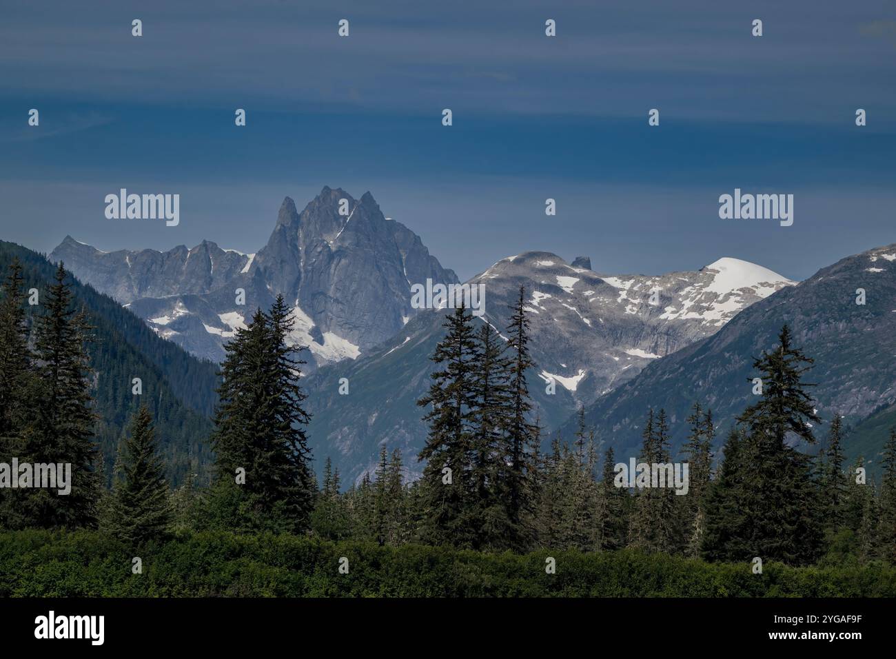 Castle Mountain juts high above the Stikine River. Stock Photo