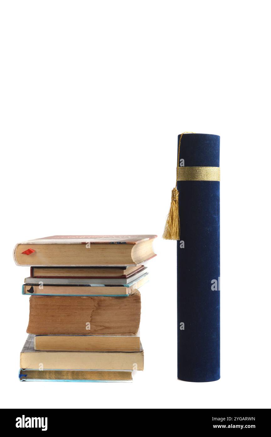 stacks of books and diploma on white background Stock Photo - Alamy