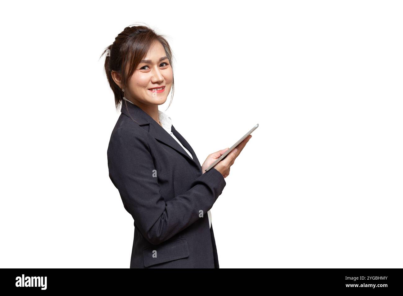 Smart adult Asian Business women, Office people standing with tablet isolated on white background. Stock Photo