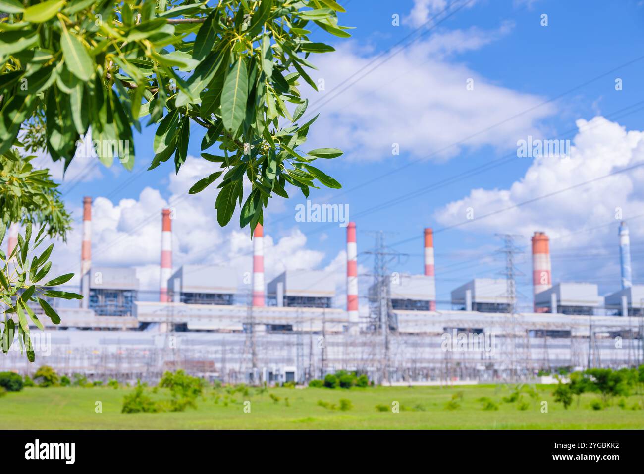 Green Eco Coal Power Plant. Green Electricity Industry for Nature Sustainable, Energy Saving, Environmental Friendly and Low Carbon Footprint. Stock Photo