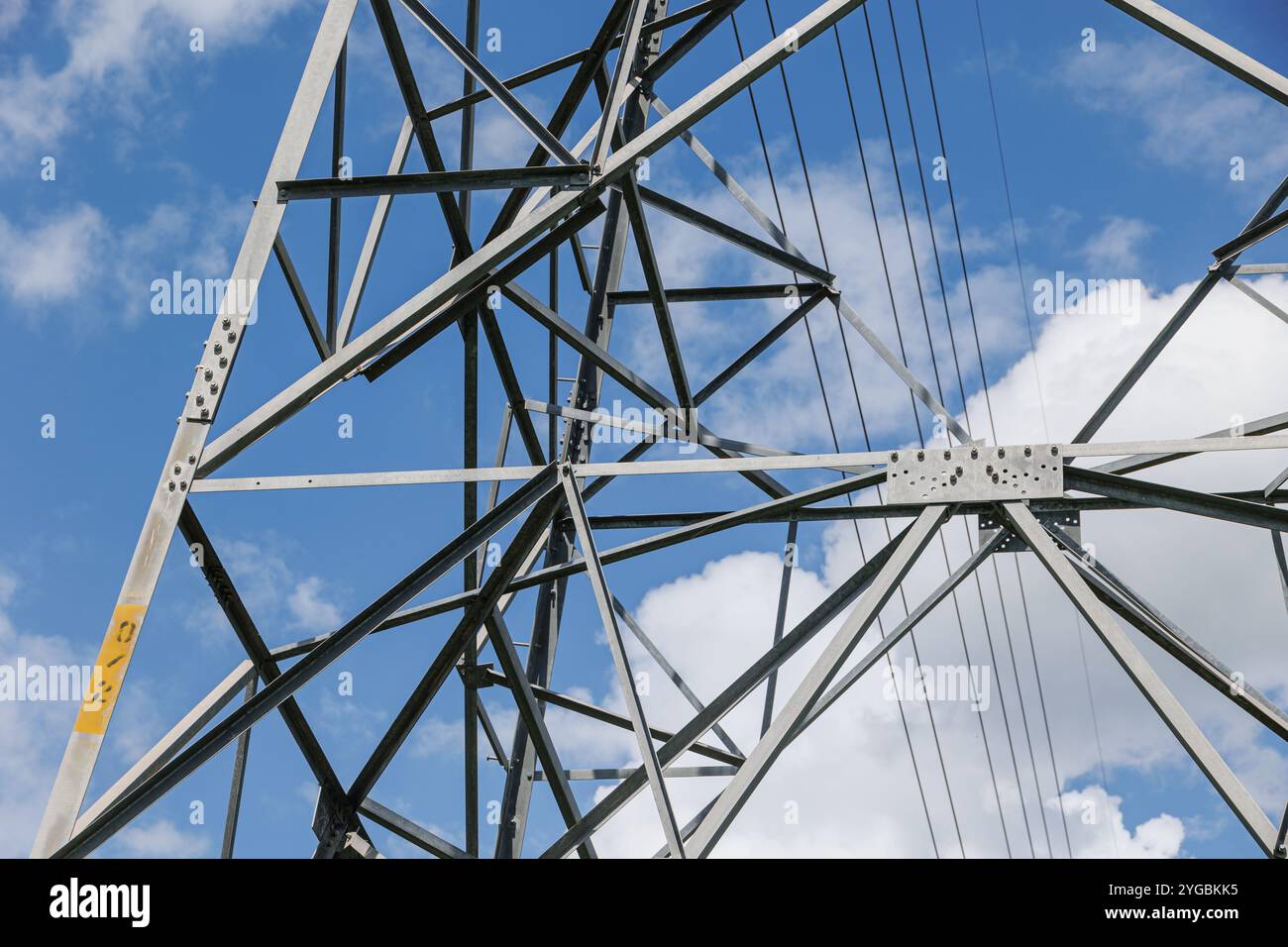 Metal structure steel frame of electricity transmission tower, Electricity pylon engineering and design. Stock Photo