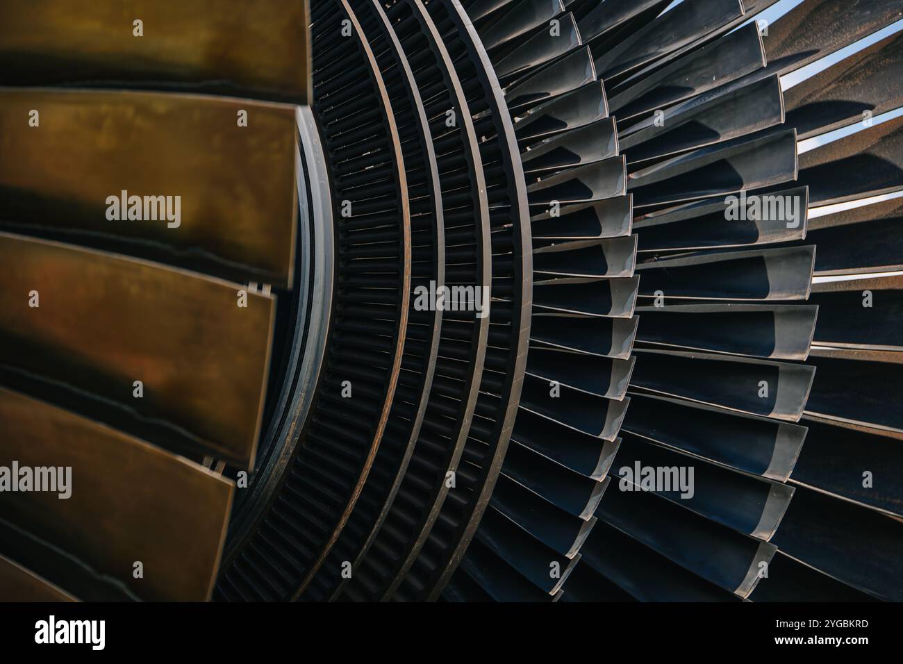 Turbine Blades, High Precision Engineering. Large Fan Stack Layer Metal Part Rotor In Jet Engine Or Steam Power Plant. Stock Photo