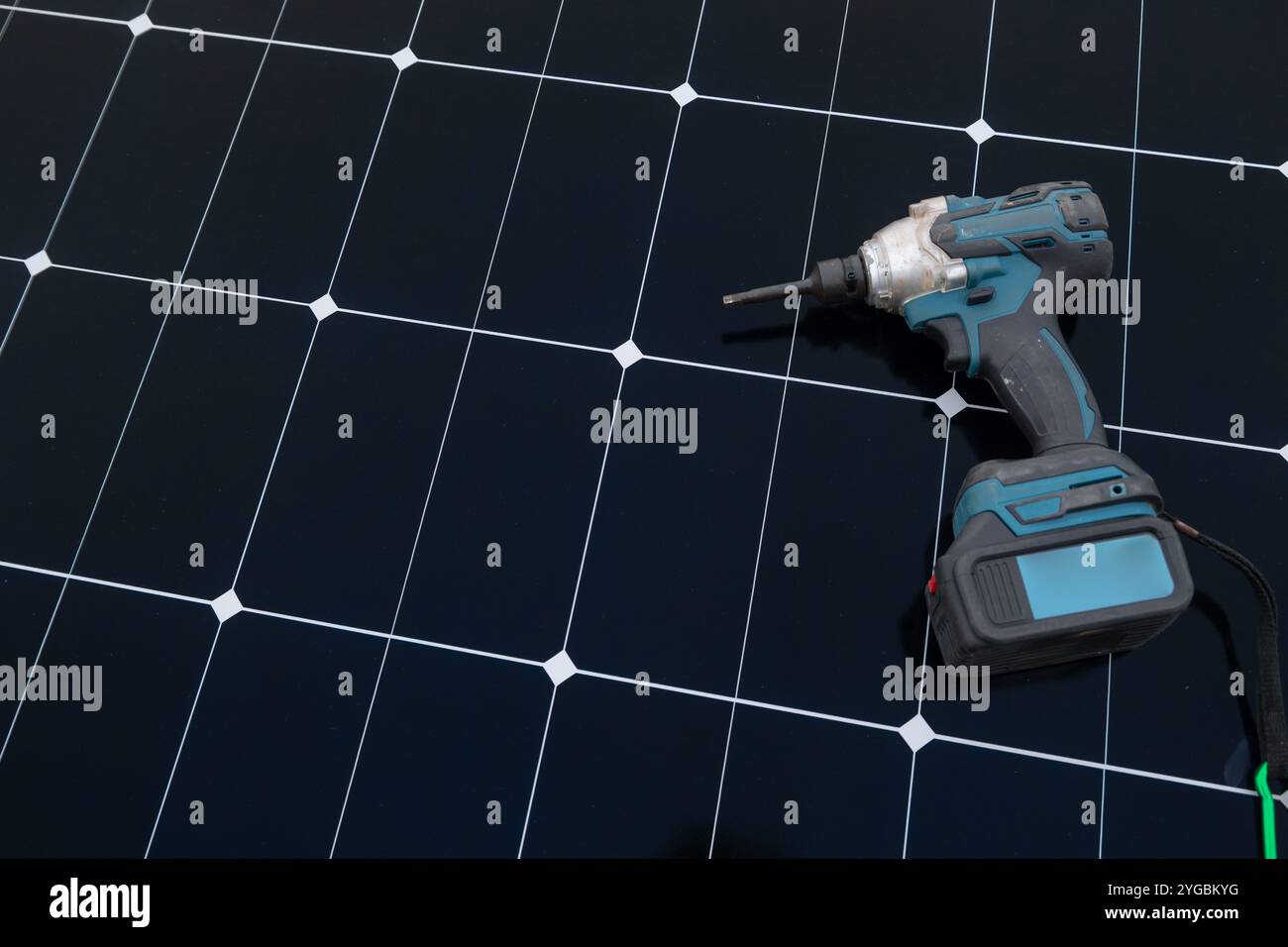 Solar cell or Solar Panel. Alternative eco power future background, Photovoltaic module with hand screwdriver space for text. Stock Photo