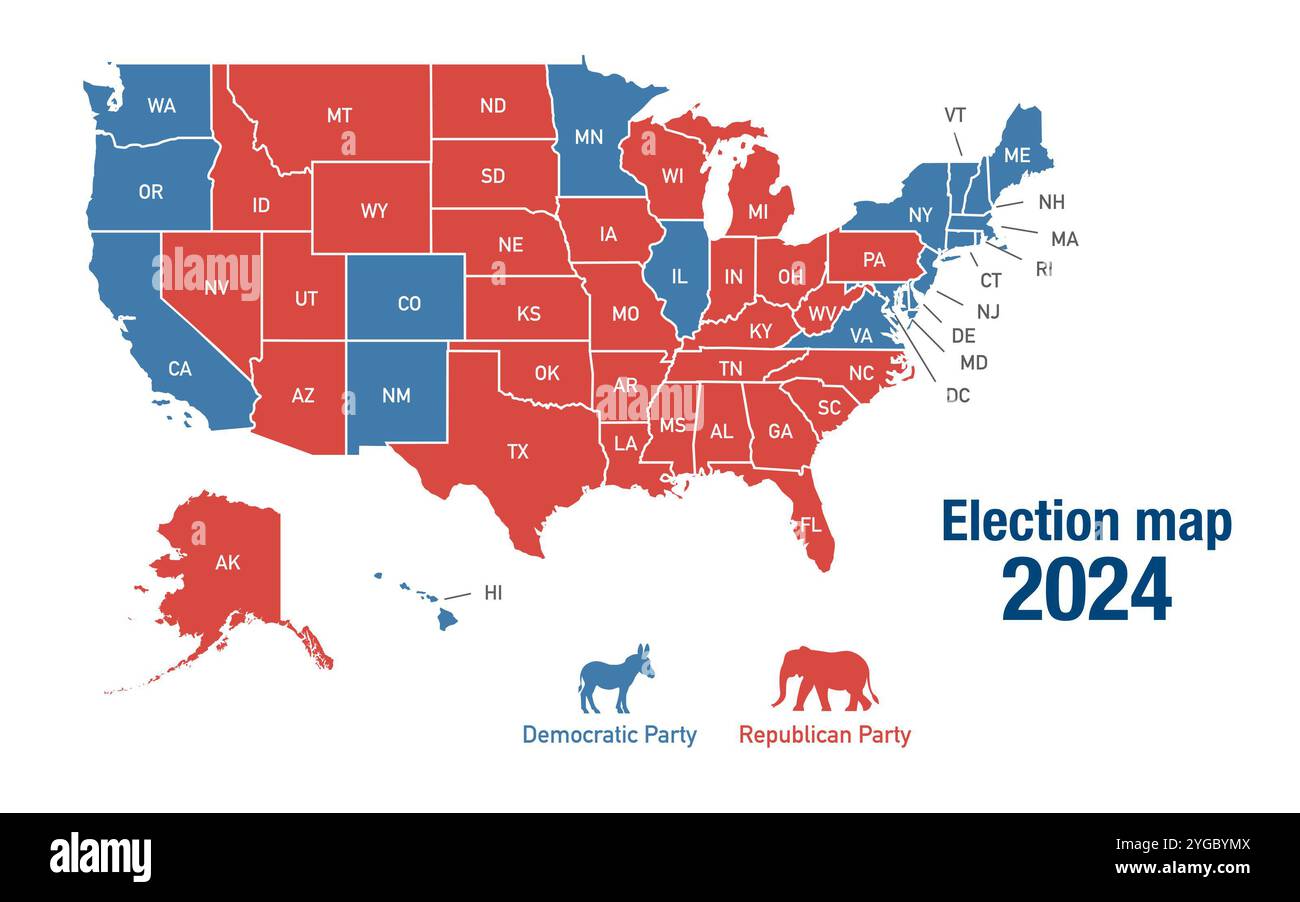 Map of 2024 united states presidential election results per state stock