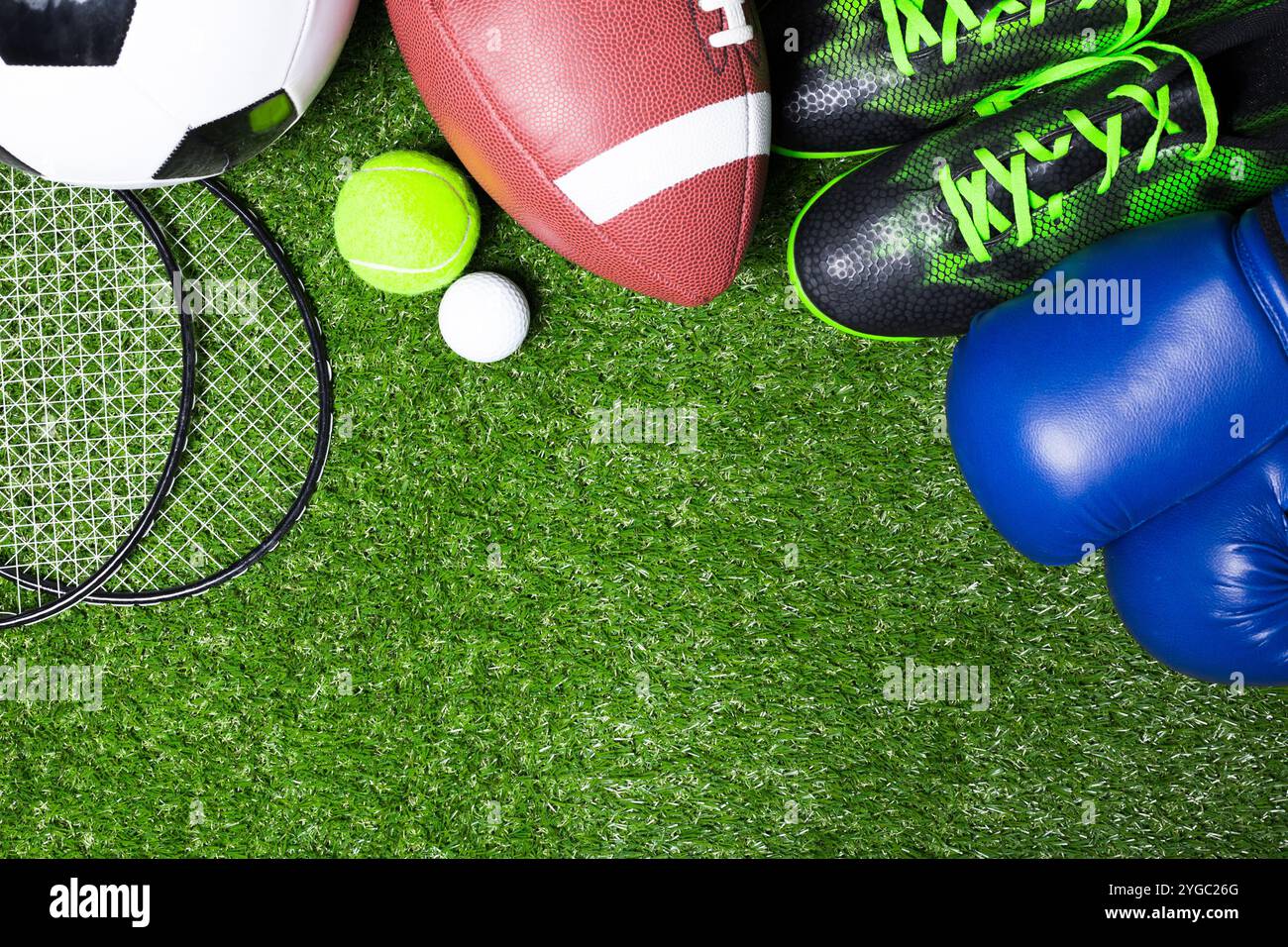 Various sport tools on grass Stock Photo - Alamy