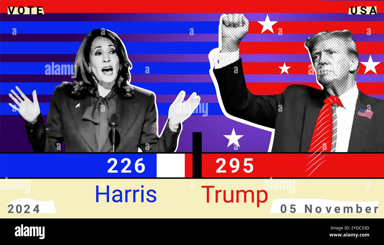 Donald Trump and Kamala Harris. Collage illustrative photography for