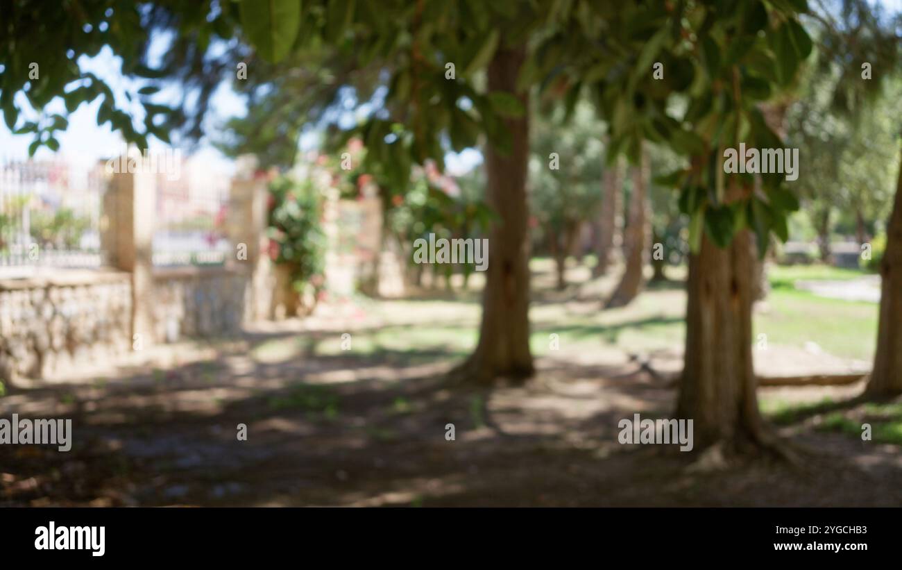 Park scene with blurred trees and stone structures creating a defocused ...