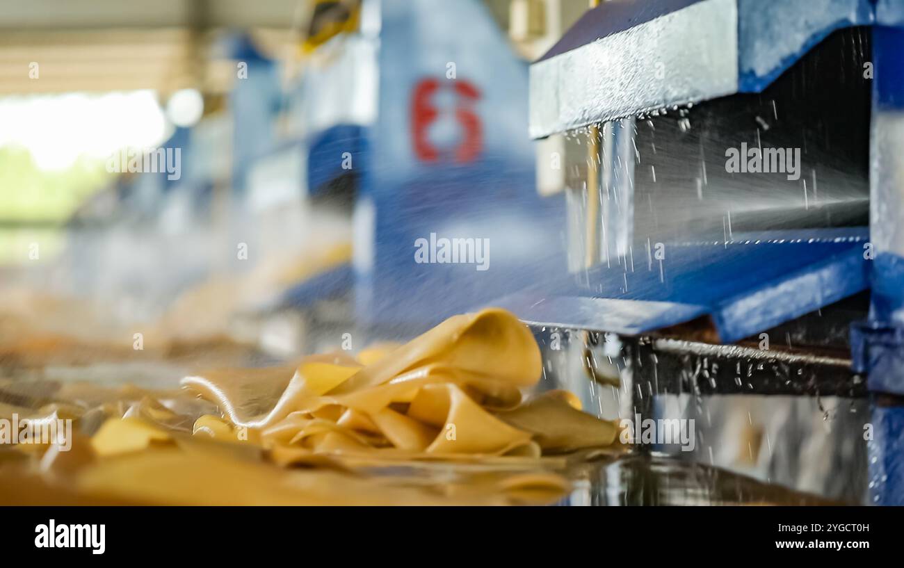 The close up view of the natural rubber sheet cleansing process by the ...