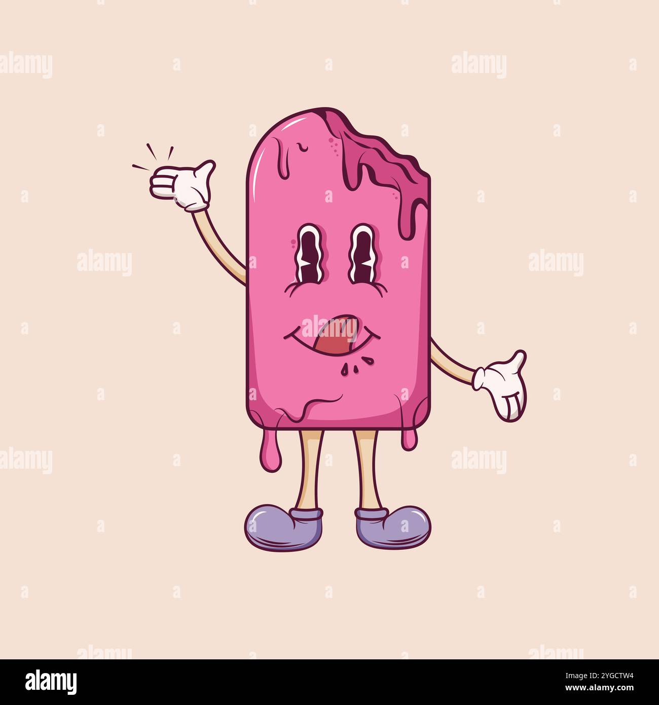 Ice cream mascot personage. Popsicle in retro groovy style. Cheerful summer delicacy. Poster, flyer, party, logo concept. Vector illustration. Stock Vector