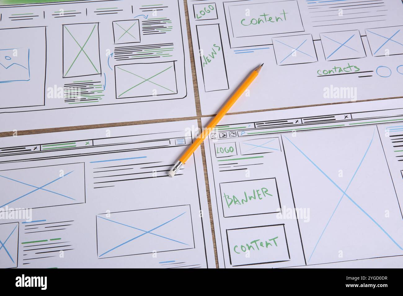 Developing UI design. Sketches of website wireframes and pencil on ...