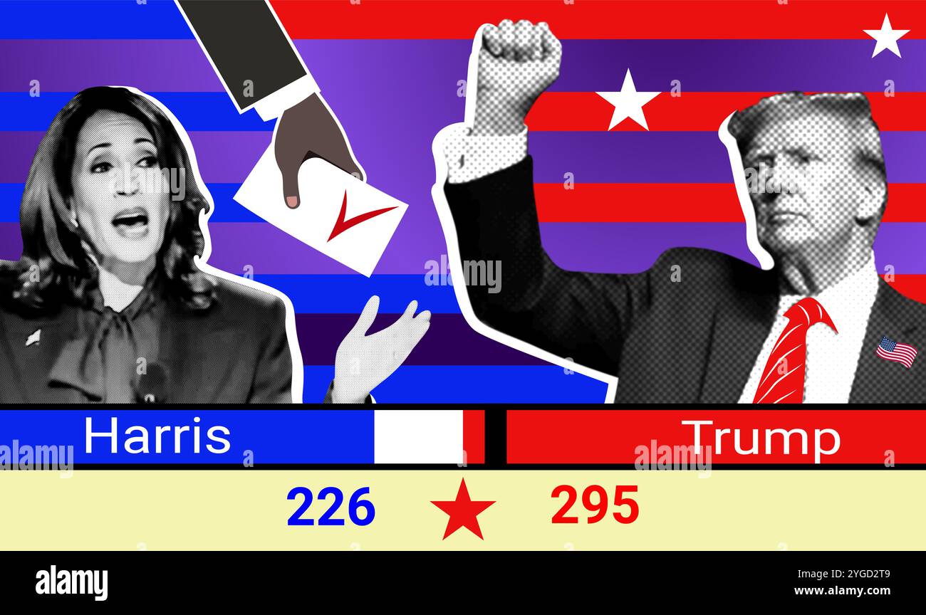 Donald Trump and Kamala Harris. Collage illustrative photography for