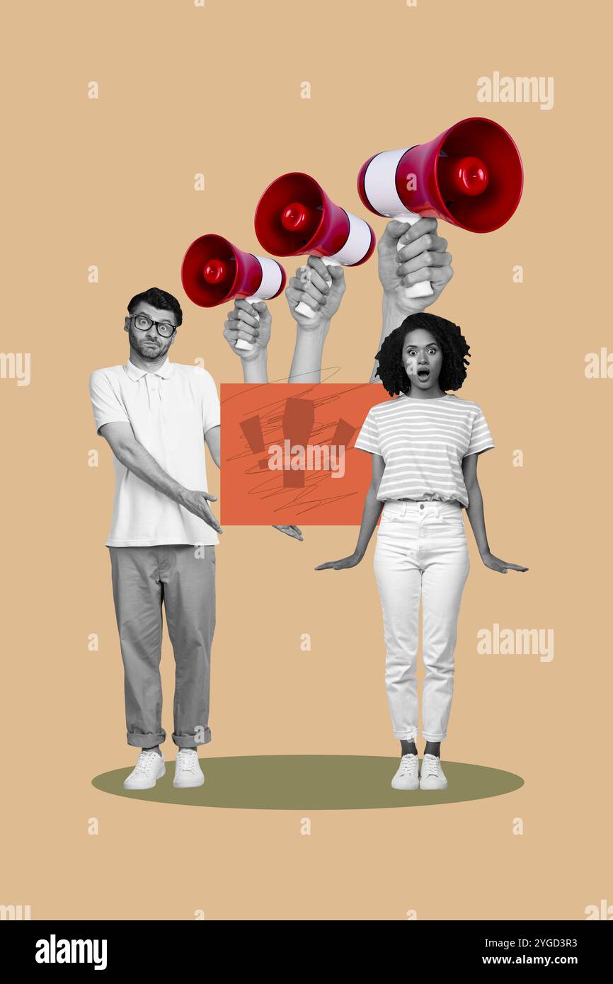 Vertical photo collage of two confused astonished girl guy hold poster ...