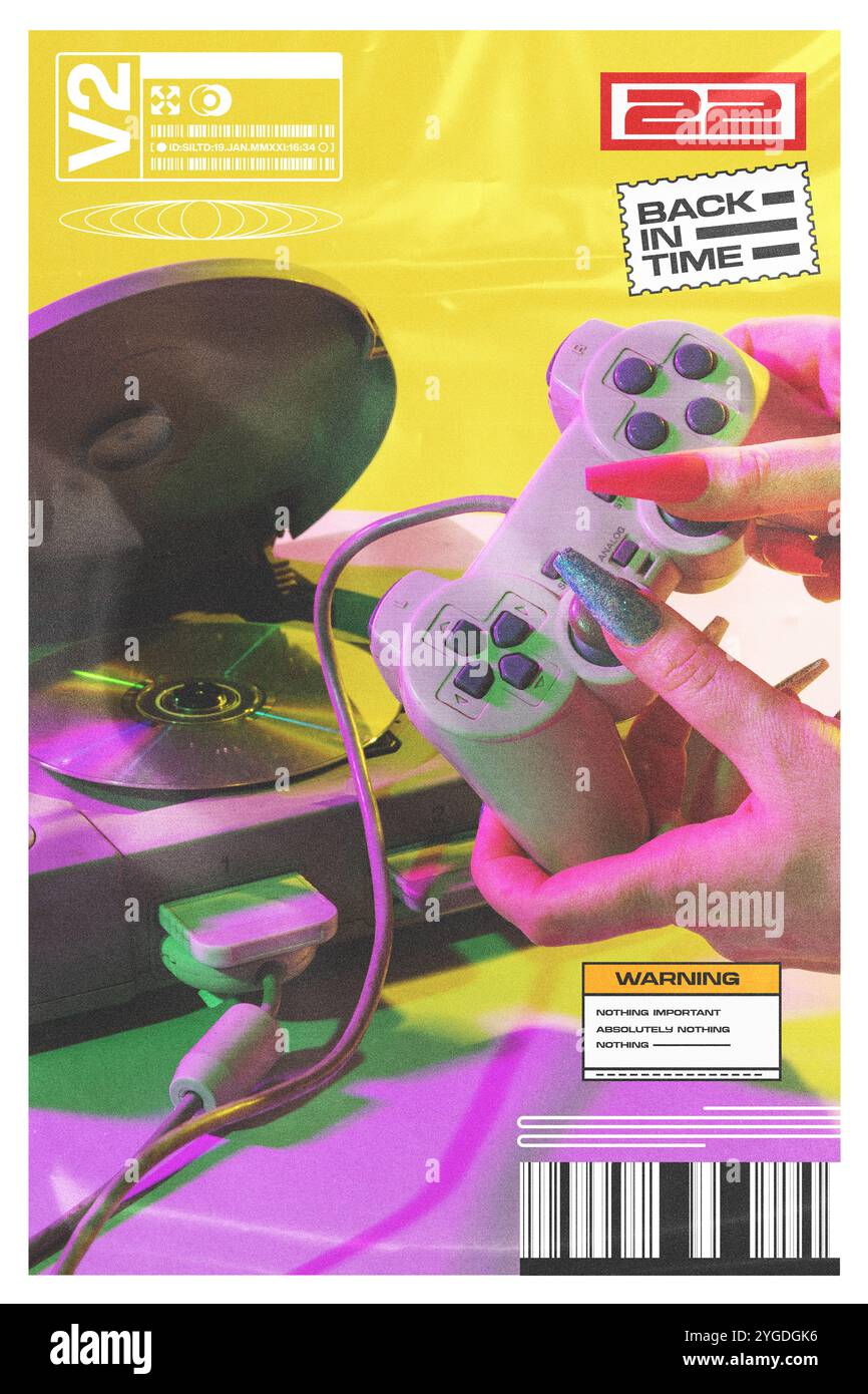 Creative design. 90s-inspired poster with close-up of hand holding ...