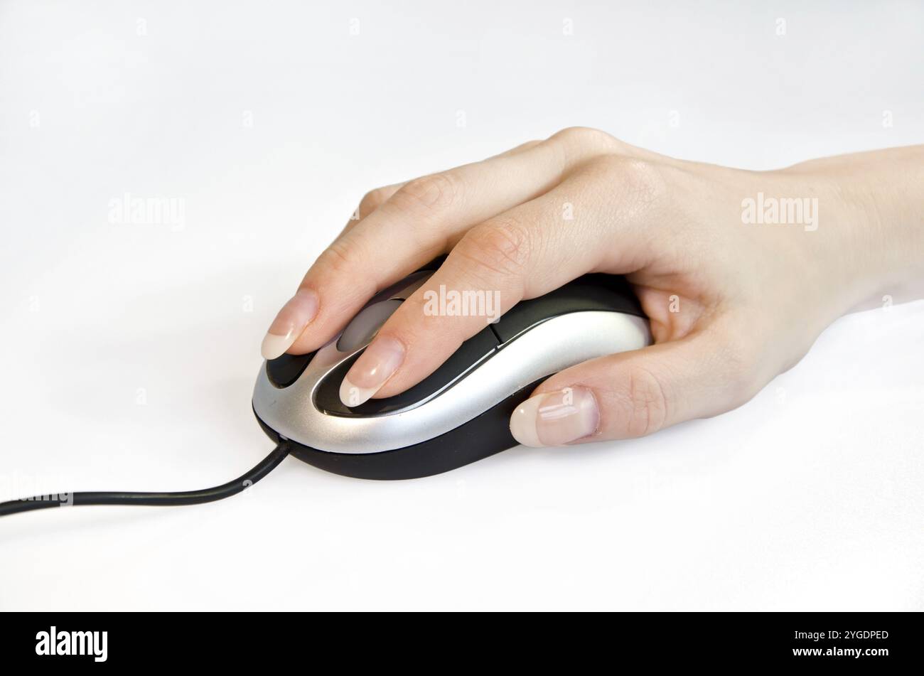 Female hand using computer mouse in front of white background Stock ...