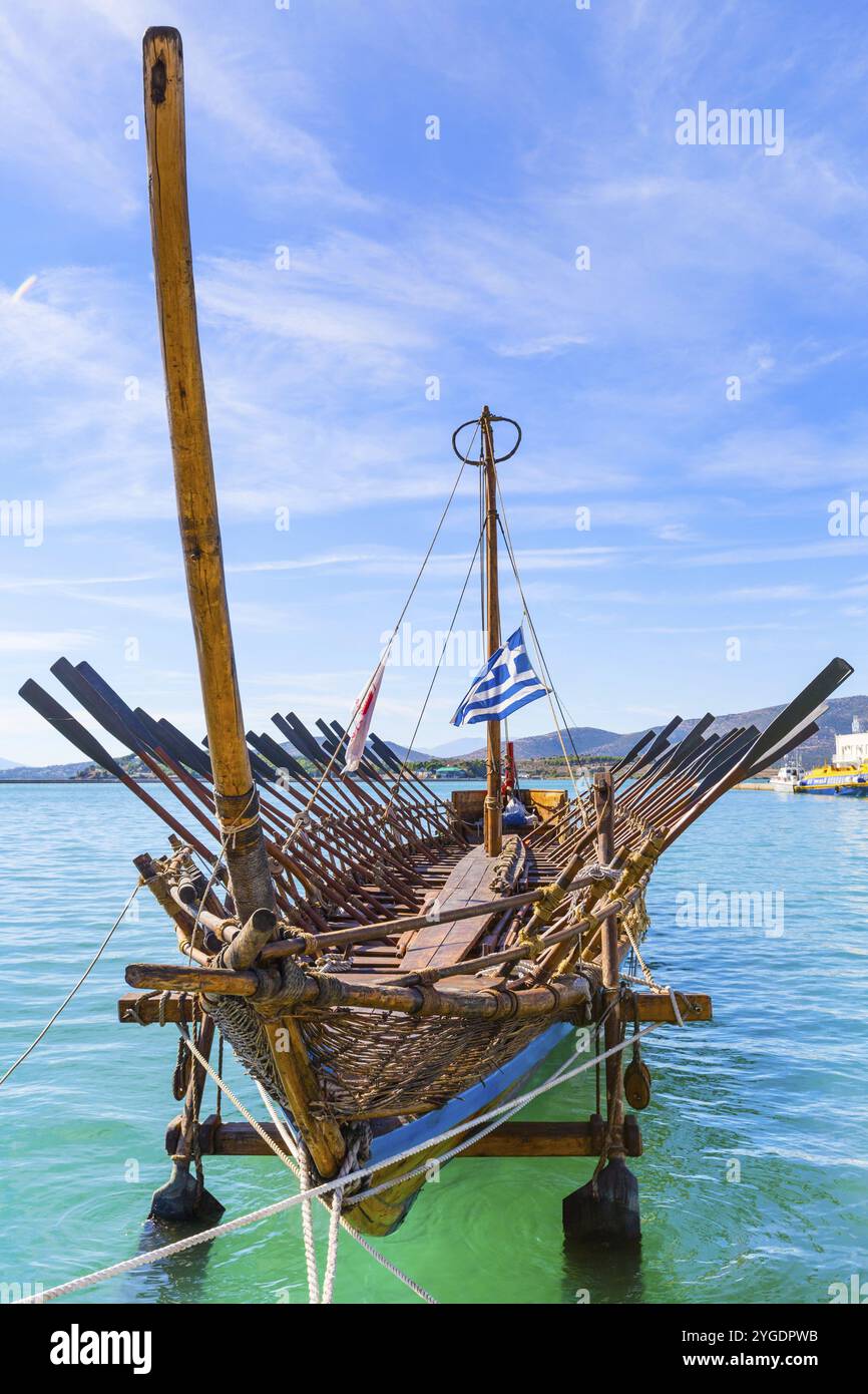 Argo legendary ship copy in port Volos, Greece. Greek mythology Argonauts sailed Argo to retrieve the Golden Fleece Stock Photo