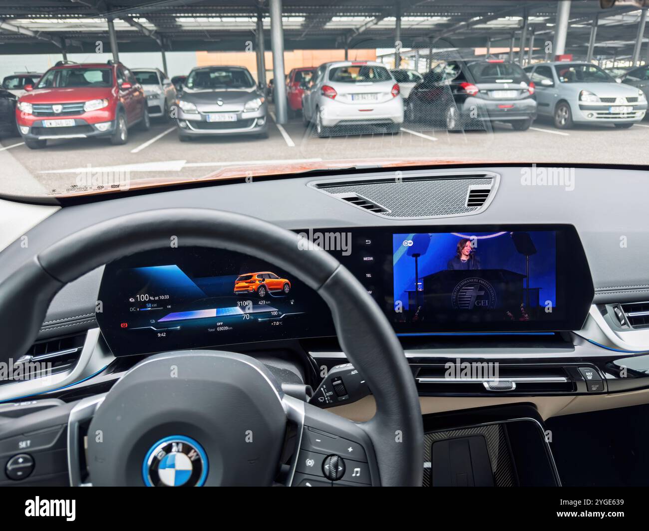 Paris, France - Nov 6, 2024: Interior of a BMW electric car parked and ...