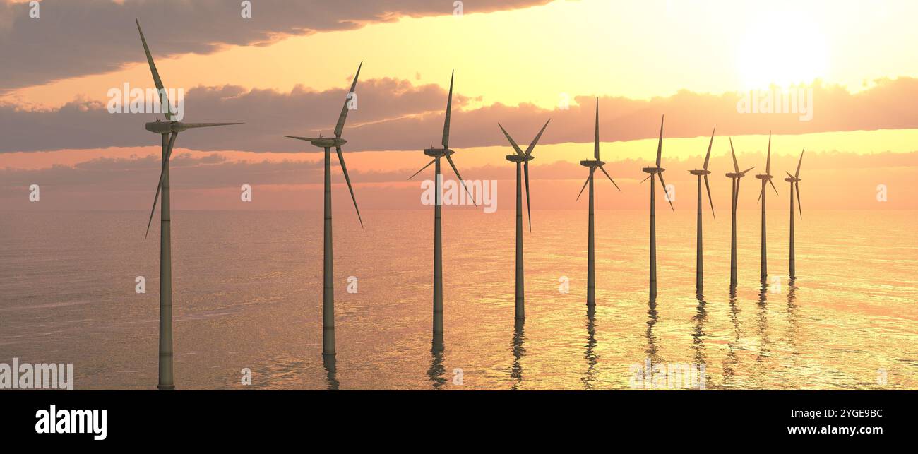 Offshore wind turbines at sunset Stock Photo