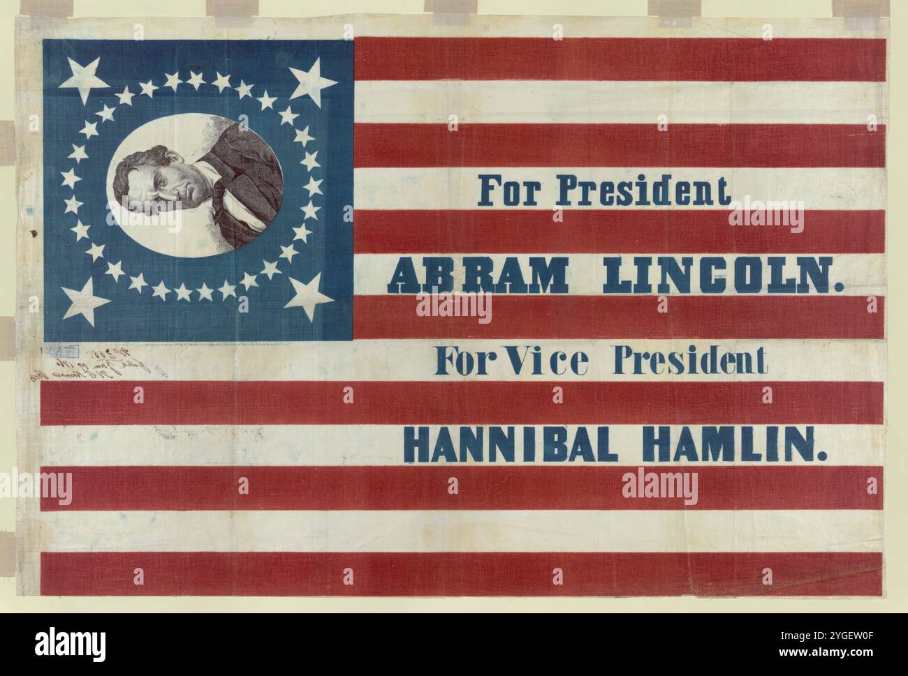 Print shows a large campaign banner for Republican presidential candidate Abraham Lincoln and running mate Hannibal Hamlin. Lincoln's first name is given here as 'Abram.' The banner consists of a thirty-three star American flag pattern printed on cloth. In one corner, a bust portrait of Lincoln, without beard, encircled by stars, appears on a blue field. Stock Photo