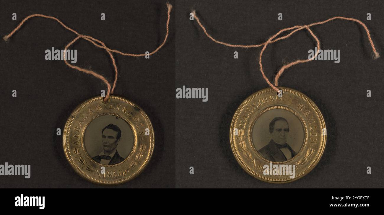 Political campaign button for 1860 presidential election showing bust portrait of Abraham Lincoln on one side and bust portrait of Hannibal Hamlin on the other side; metal casing with thread fastener. Stock Photo