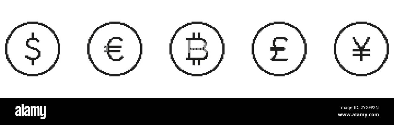 Pixel Art Dollar, Euro, and Bitcoin Icons Line Set. Retro Style ...