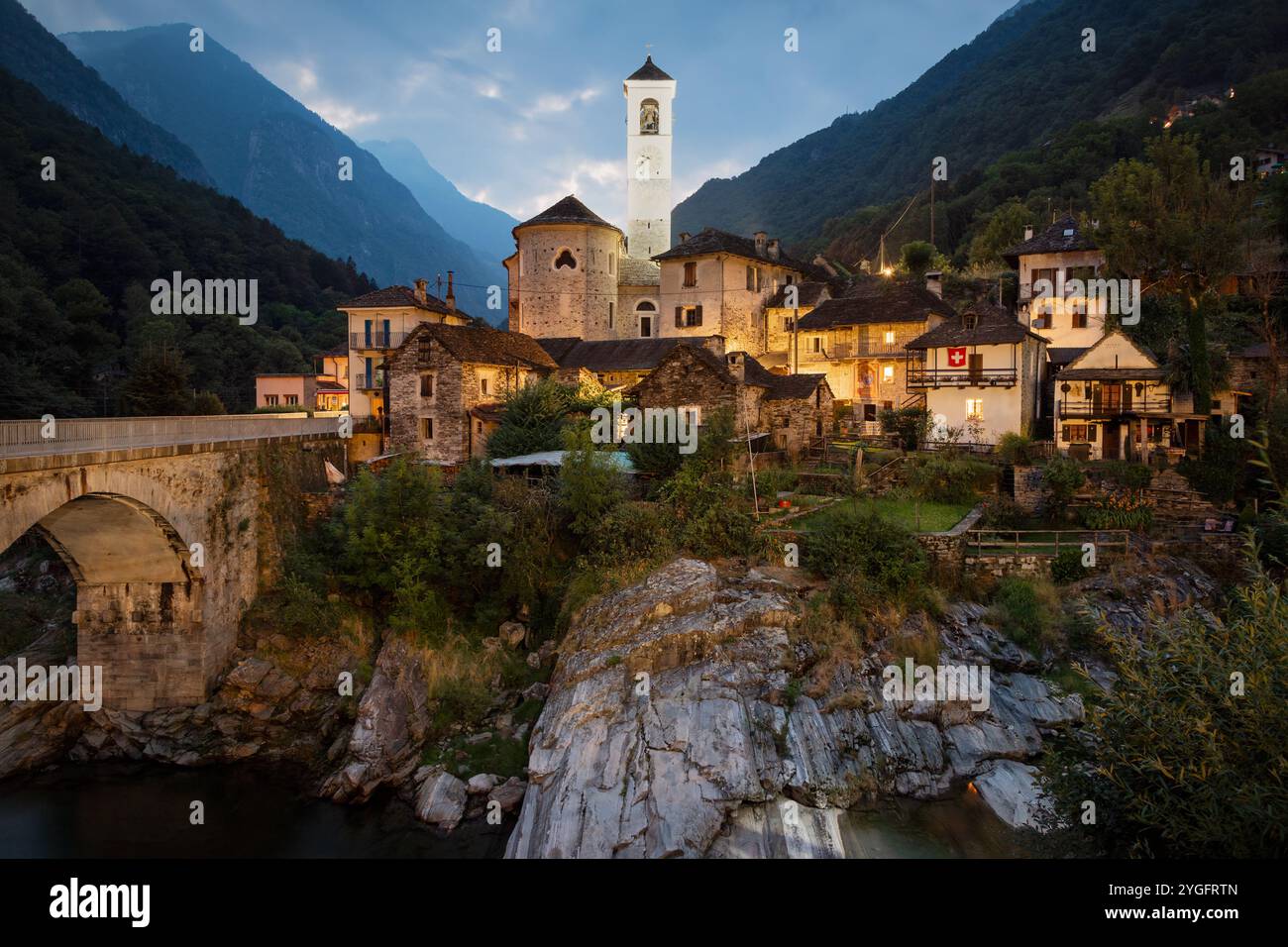 The small village of Lavertezzo with illuminated old stone houses in ...