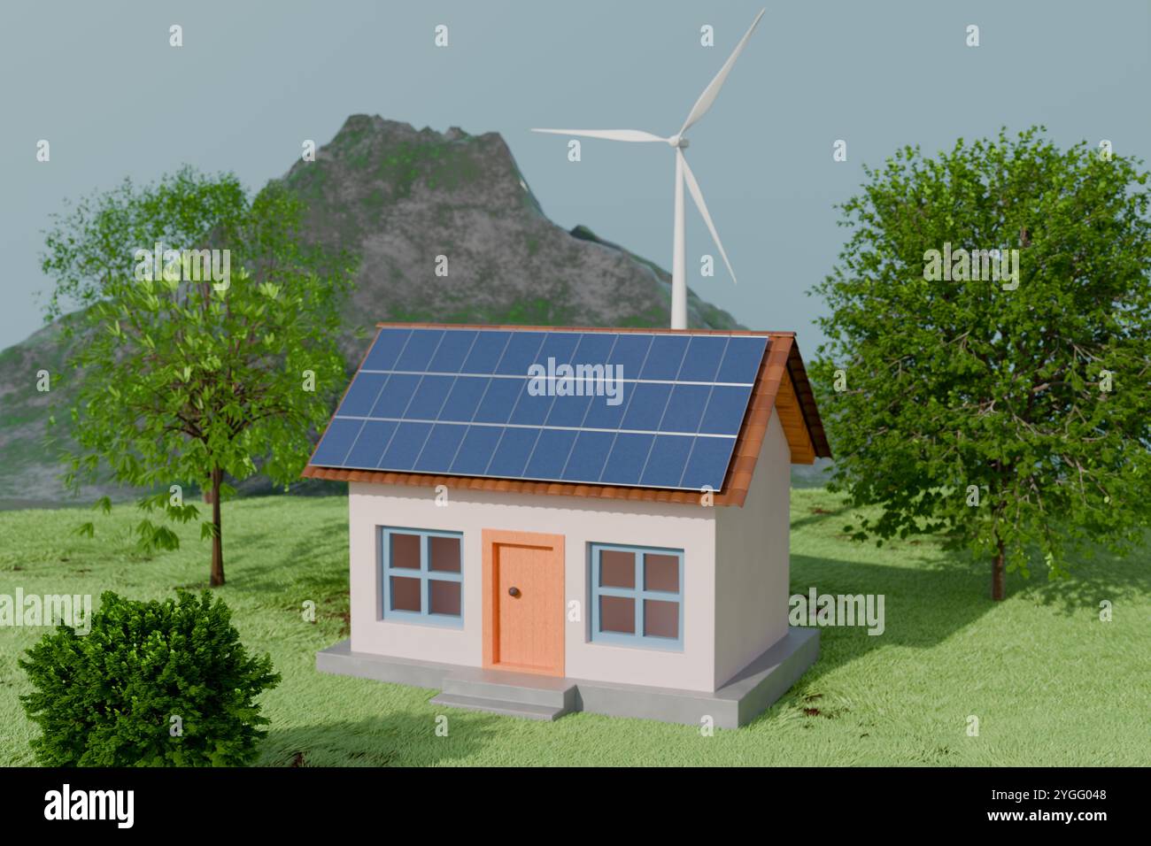 A modern house with solar panels and a wind turbine, set in a green ...