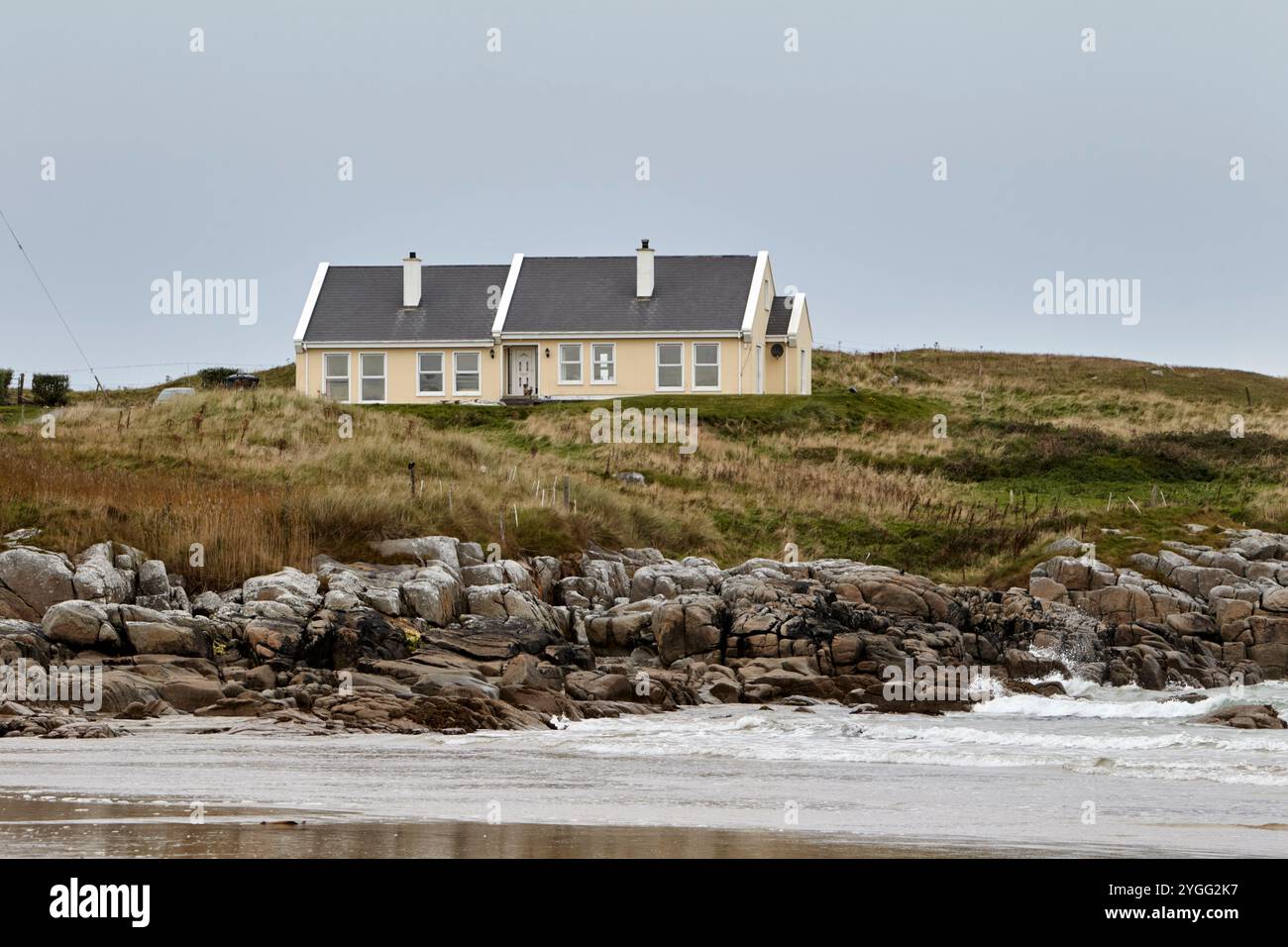 large bungalow remote house home property on ballyhiernan bay white shore beach , county donegal, republic of ireland Stock Photo