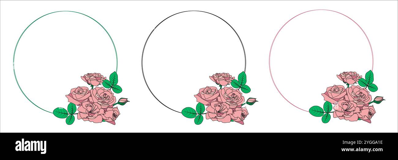 Decorative circle frames with roses and leaves Stock Vector