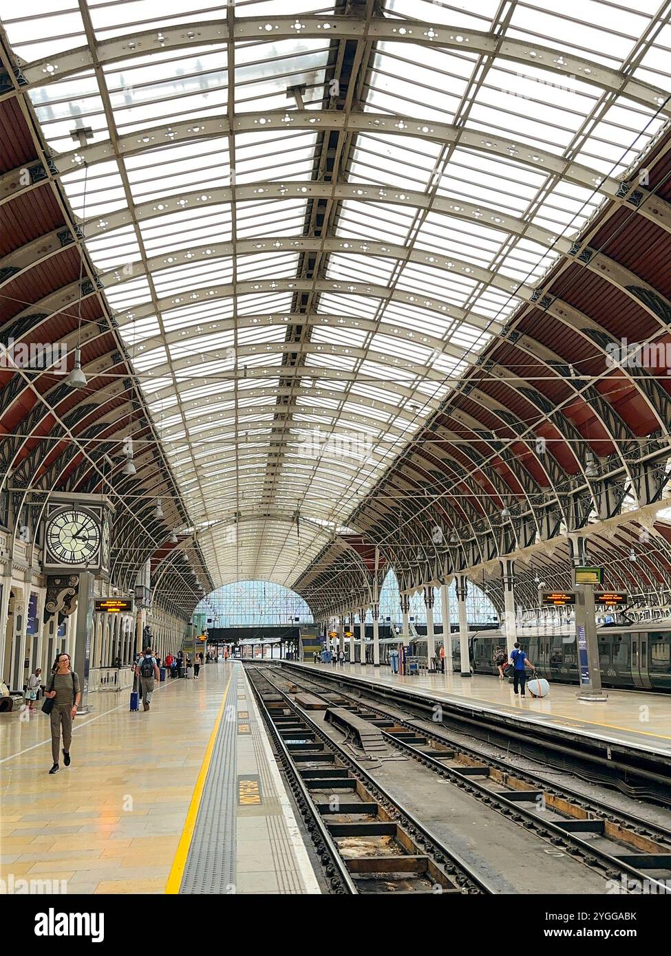 London, England, UK - 24 August 2023: Wide angle view of  Paddington railway station in central London empty of trains - Smartphone Captured Stock Image