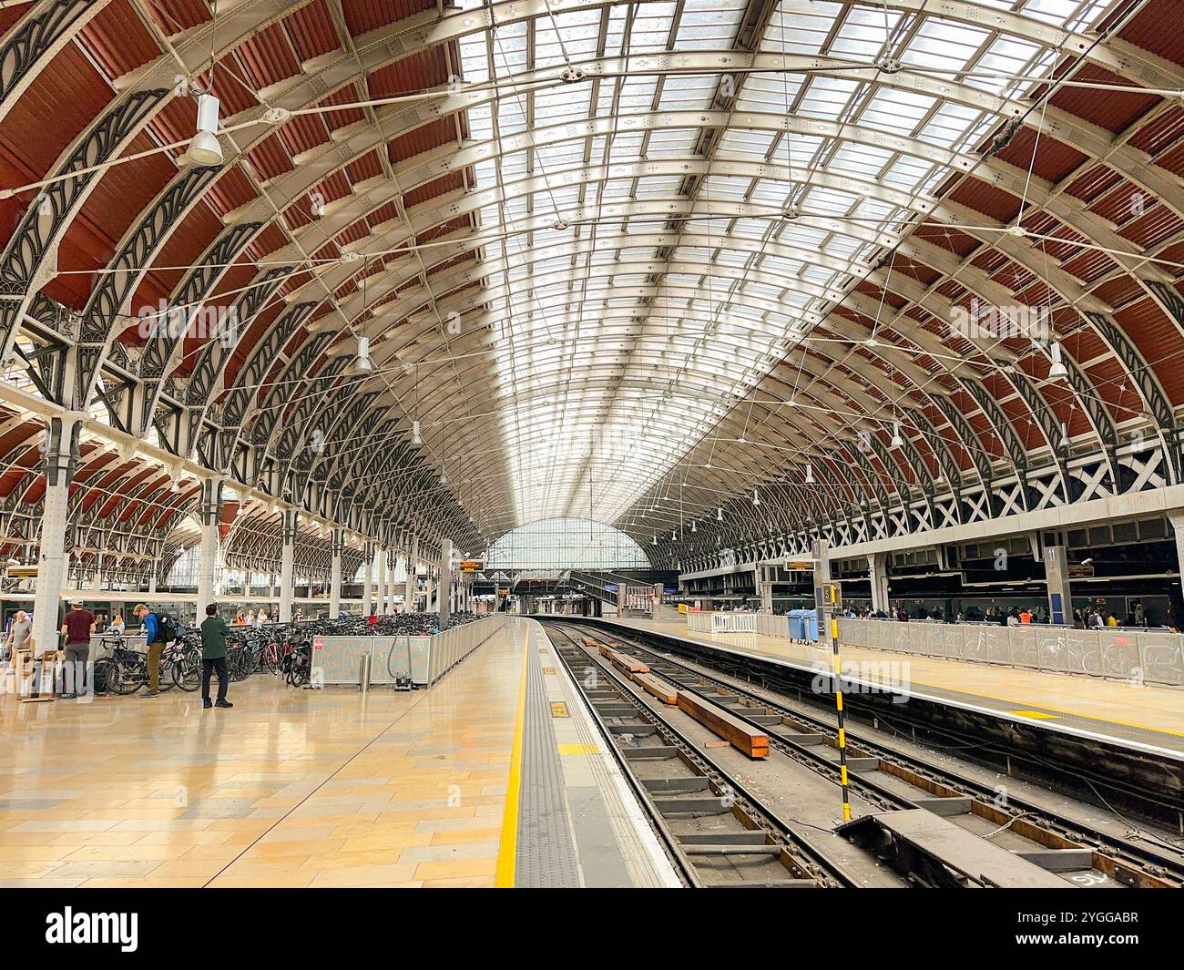 London, England, UK - 24 August 2023: Wide angle view of  Paddington railway station in central London empty of trains - Smartphone Captured Stock Image