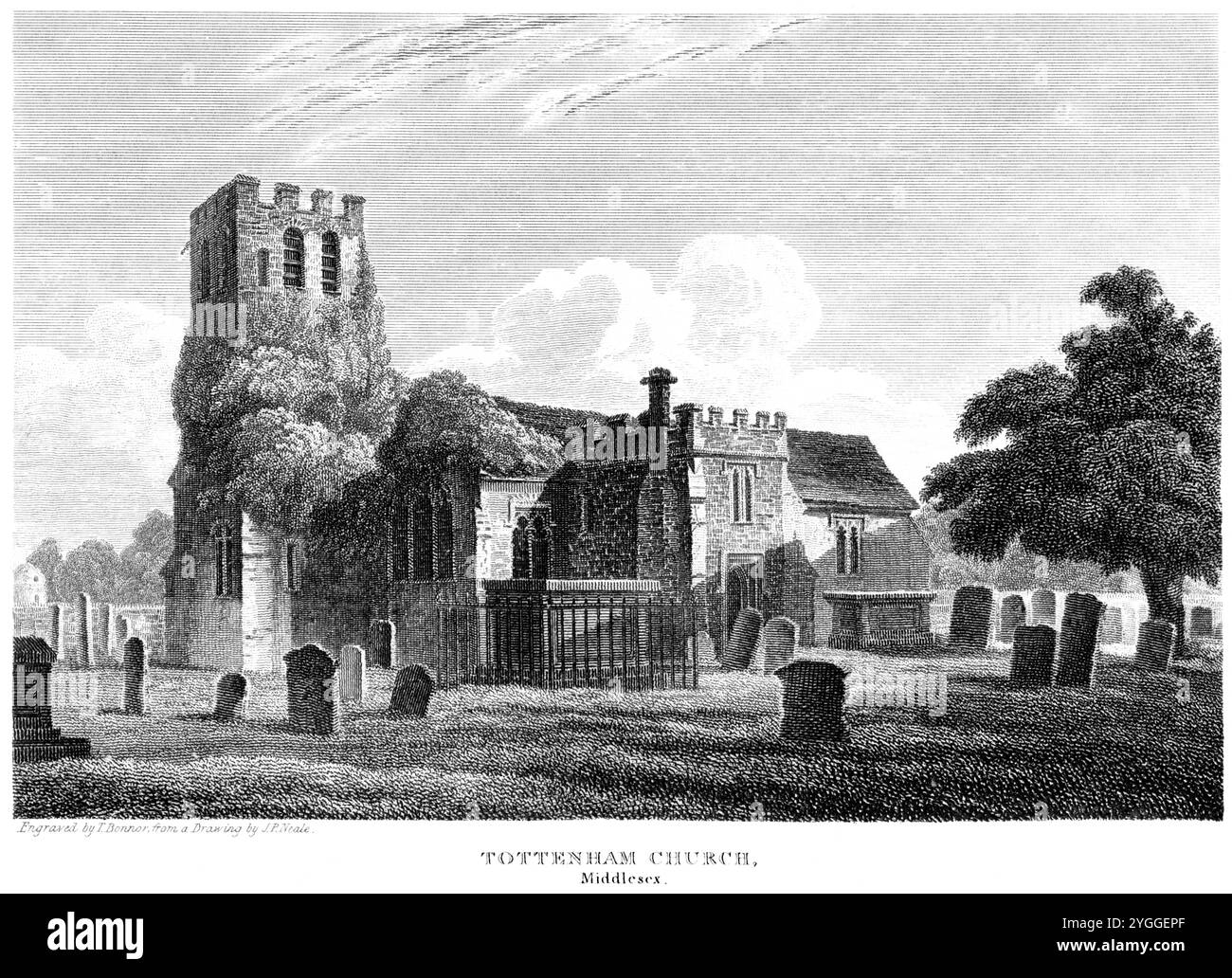 An engraving of Tottenham Church, Middlesex, England UK scanned at high resolution from a book published around 1815. Believed copyright free. Stock Photo
